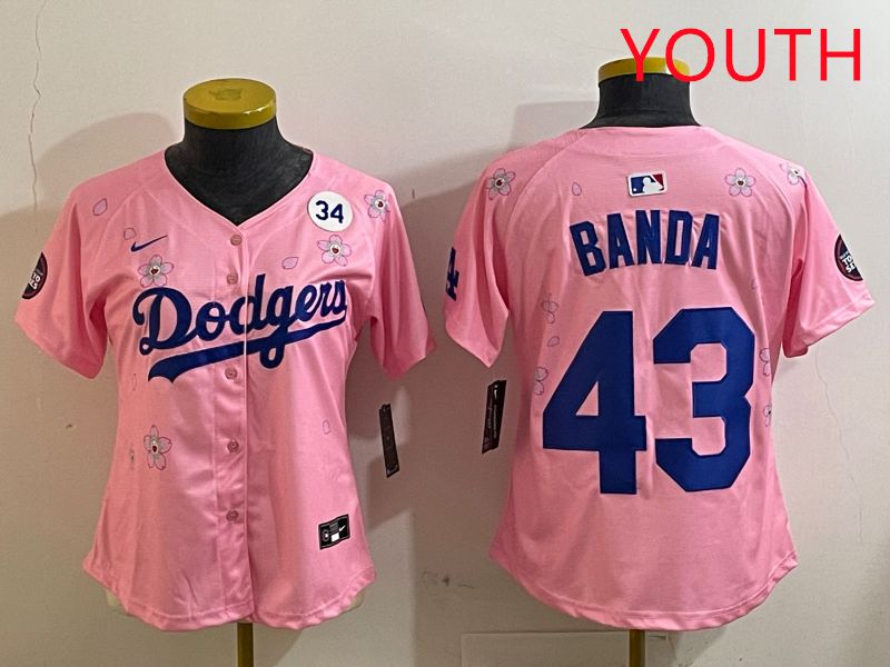 Youth Los Angeles Dodgers 43 Banda Pink White Blue Sakura Edition 2025 Nike MLB Jersey style 8